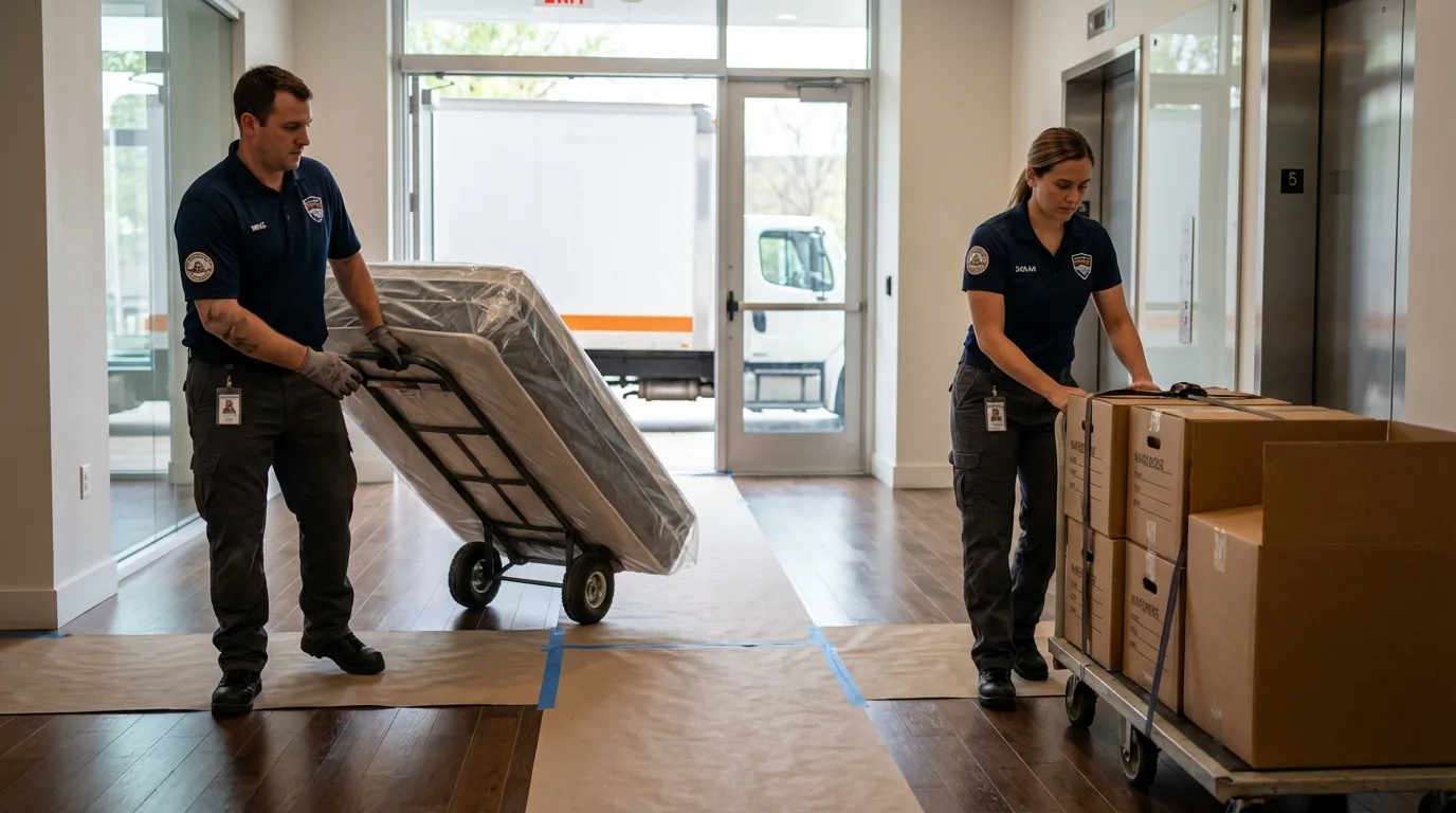 Professional apartment movers loading elevator in Frankfort, KY