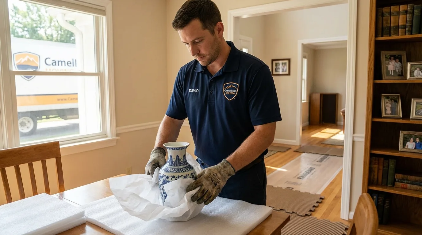 Professional crew carefully wrapping antique vase for senior downsizing move in Frankfort, KY